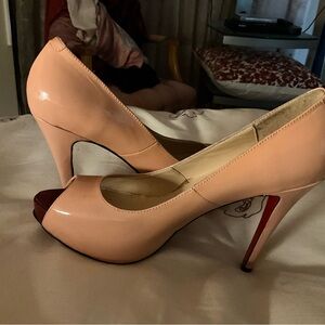 Christian Louboutin Blush Pink Patent Peep-Toe Stilettos with Red Soles